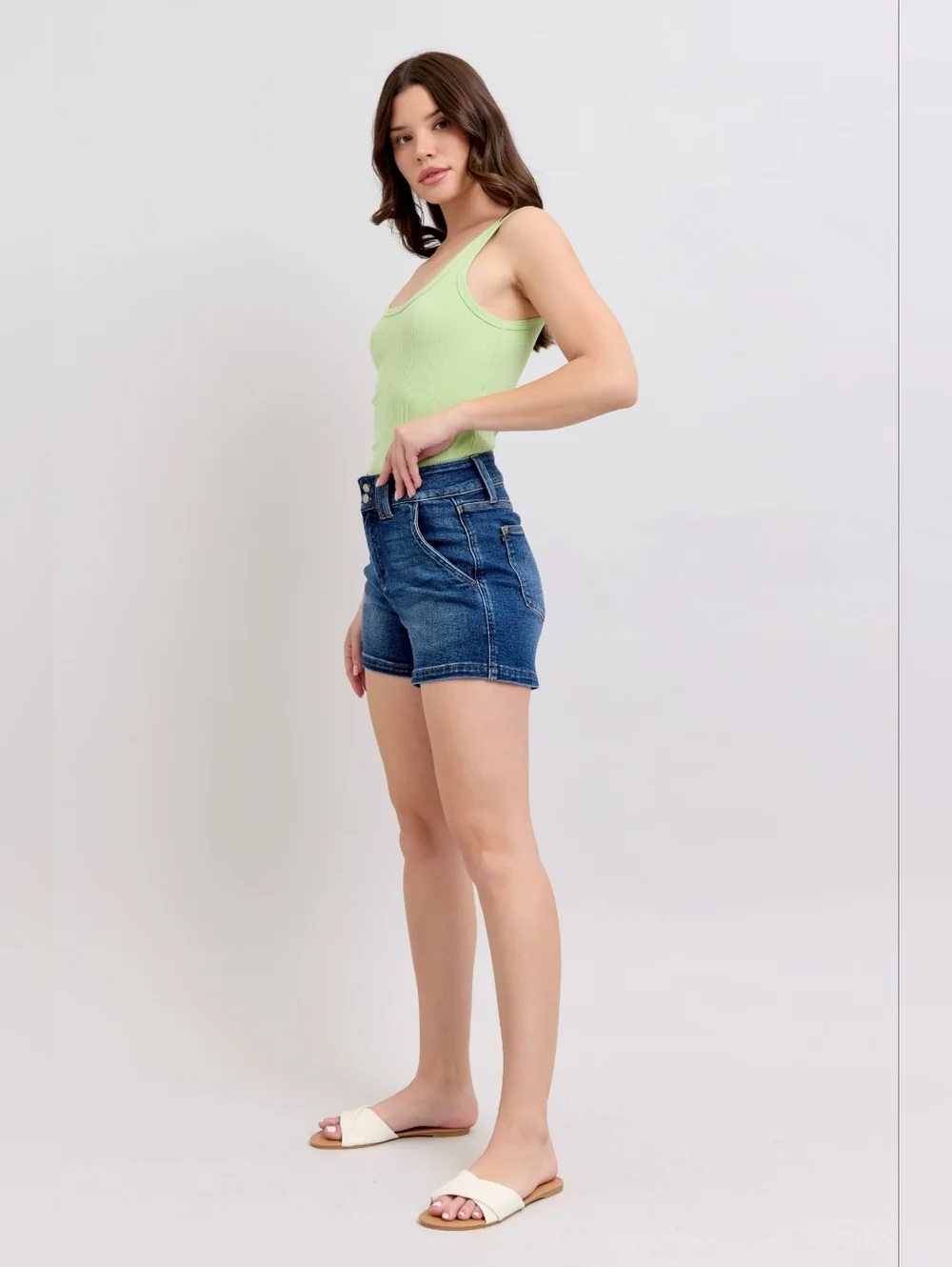 Judy Blue HR Dark Wash Double Button Waistband Denim Jean Shorts Stretch XL NEW